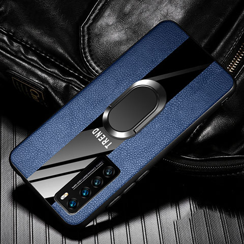 Funda Silicona Goma de Cuero Carcasa con Magnetico Anillo de dedo Soporte para Huawei Nova 7 5G Azul