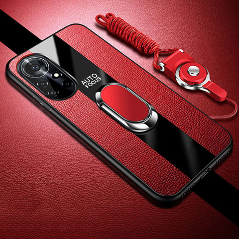 Funda Silicona Goma de Cuero Carcasa con Magnetico Anillo de dedo Soporte para Huawei Nova 8 Pro 5G Rojo