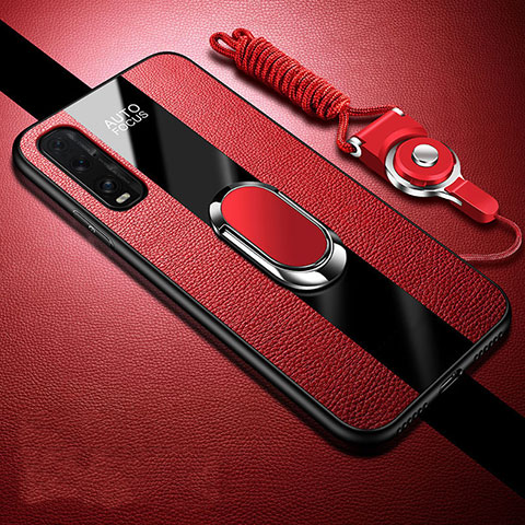 Funda Silicona Goma de Cuero Carcasa con Magnetico Anillo de dedo Soporte para Oppo Find X2 Rojo