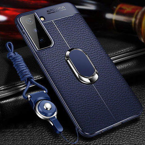 Funda Silicona Goma de Cuero Carcasa con Magnetico Anillo de dedo Soporte para Samsung Galaxy S22 5G Azul