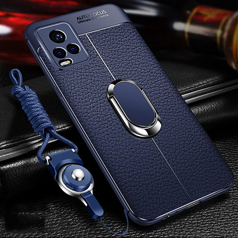 Funda Silicona Goma de Cuero Carcasa con Magnetico Anillo de dedo Soporte para Vivo V20 Pro 5G Azul