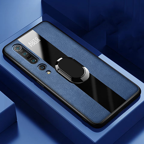 Funda Silicona Goma de Cuero Carcasa con Magnetico Anillo de dedo Soporte para Xiaomi Mi 10 Pro Azul