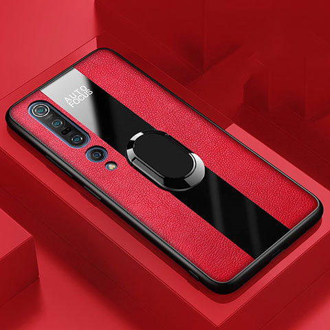 Funda Silicona Goma de Cuero Carcasa con Magnetico Anillo de dedo Soporte para Xiaomi Mi 10 Pro Rojo