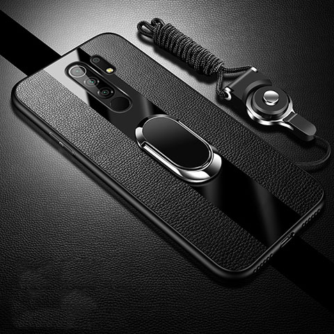 Funda Silicona Goma de Cuero Carcasa con Magnetico Anillo de dedo Soporte para Xiaomi Redmi 9 Negro