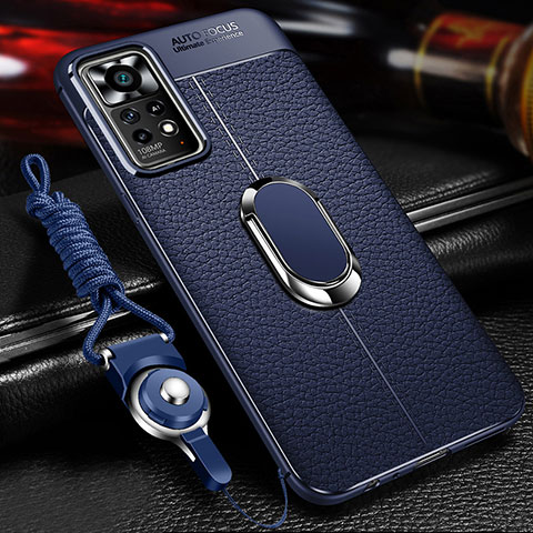 Funda Silicona Goma de Cuero Carcasa con Magnetico Anillo de dedo Soporte para Xiaomi Redmi Note 11E Pro 5G Azul