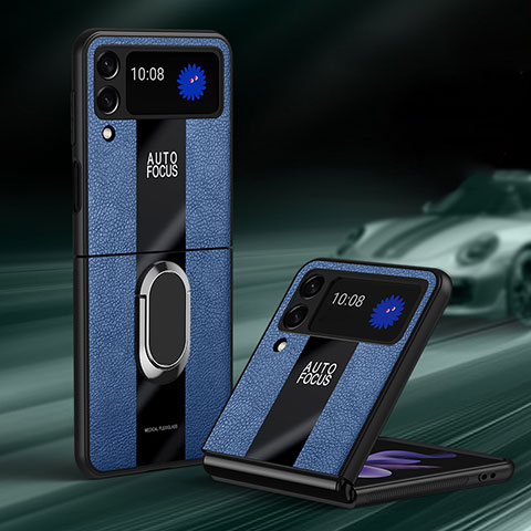 Funda Silicona Goma de Cuero Carcasa con Magnetico Anillo de dedo Soporte S01 para Samsung Galaxy Z Flip3 5G Azul