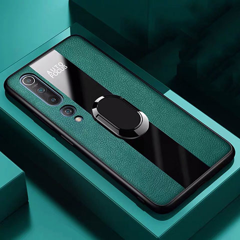 Funda Silicona Goma de Cuero Carcasa con Magnetico Anillo de dedo Soporte S01 para Xiaomi Mi 10 Verde