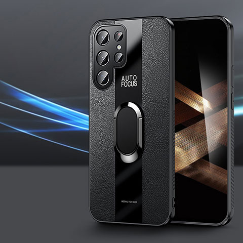Funda Silicona Goma de Cuero Carcasa con Magnetico Anillo de dedo Soporte S03 para Samsung Galaxy S24 Ultra 5G Negro