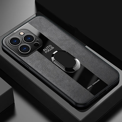 Funda Silicona Goma de Cuero Carcasa con Magnetico Anillo de dedo Soporte S04 para Apple iPhone 13 Pro Max Negro