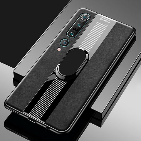 Funda Silicona Goma de Cuero Carcasa con Magnetico Anillo de dedo Soporte S04 para Xiaomi Mi 10 Pro Negro