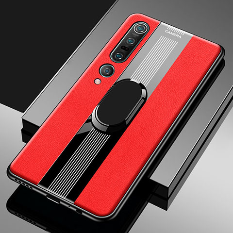 Funda Silicona Goma de Cuero Carcasa con Magnetico Anillo de dedo Soporte S04 para Xiaomi Mi 10 Pro Rojo