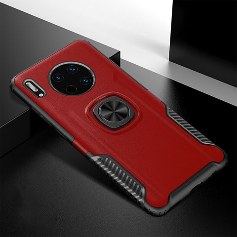 Funda Silicona Goma de Cuero Carcasa con Magnetico Anillo de dedo Soporte T01 para Huawei Mate 30 5G Rojo