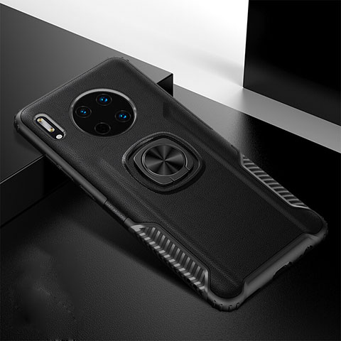 Funda Silicona Goma de Cuero Carcasa con Magnetico Anillo de dedo Soporte T01 para Huawei Mate 30 Negro