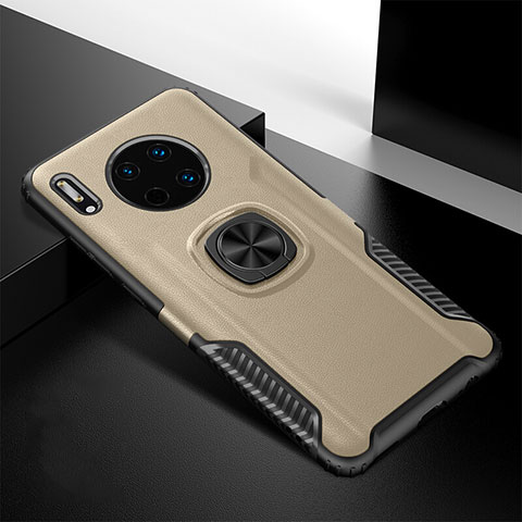 Funda Silicona Goma de Cuero Carcasa con Magnetico Anillo de dedo Soporte T01 para Huawei Mate 30E Pro 5G Oro