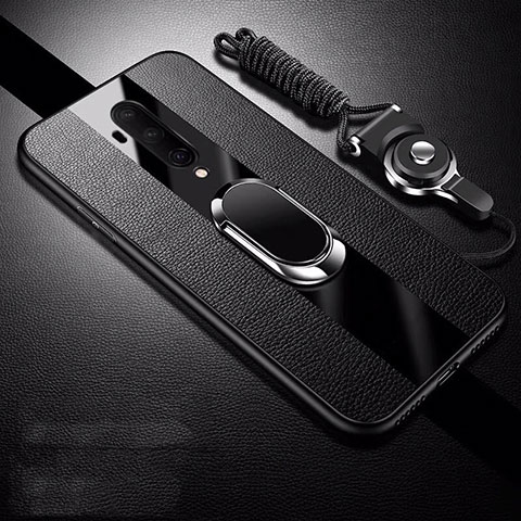 Funda Silicona Goma de Cuero Carcasa con Magnetico Anillo de dedo Soporte T01 para OnePlus 7T Pro Negro