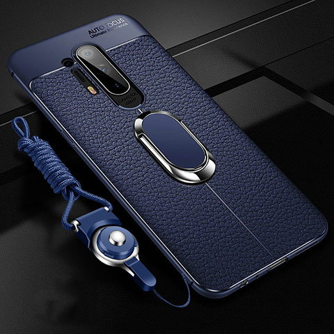 Funda Silicona Goma de Cuero Carcasa con Magnetico Anillo de dedo Soporte T01 para OnePlus 8 Pro Azul