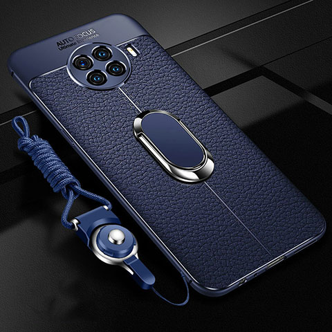 Funda Silicona Goma de Cuero Carcasa con Magnetico Anillo de dedo Soporte T01 para Oppo Ace2 Azul