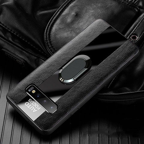 Funda Silicona Goma de Cuero Carcasa con Magnetico Anillo de dedo Soporte T01 para Samsung Galaxy S10 Plus Negro