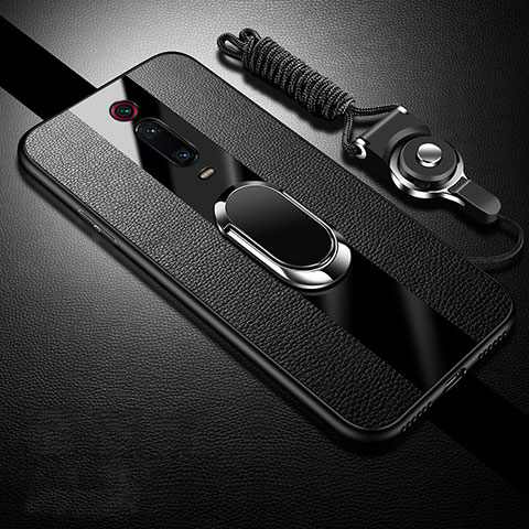 Funda Silicona Goma de Cuero Carcasa con Magnetico Anillo de dedo Soporte T01 para Xiaomi Mi 9T Pro Negro