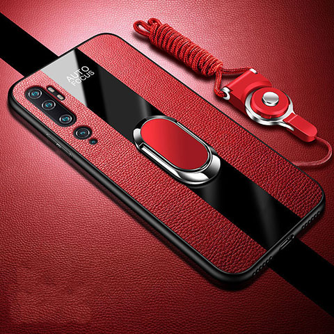 Funda Silicona Goma de Cuero Carcasa con Magnetico Anillo de dedo Soporte T01 para Xiaomi Mi Note 10 Pro Rojo