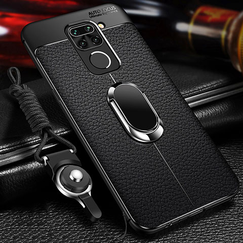 Funda Silicona Goma de Cuero Carcasa con Magnetico Anillo de dedo Soporte T01 para Xiaomi Redmi Note 9 Negro