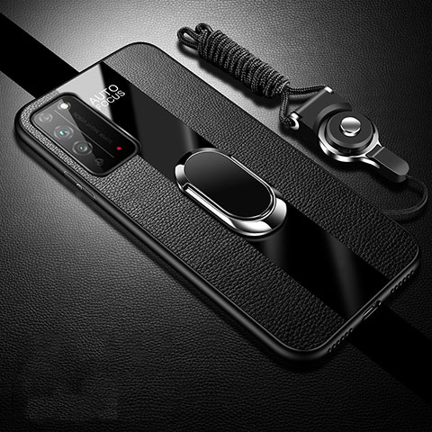 Funda Silicona Goma de Cuero Carcasa con Magnetico Anillo de dedo Soporte T02 para Huawei Honor X10 5G Negro