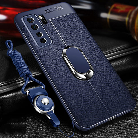 Funda Silicona Goma de Cuero Carcasa con Magnetico Anillo de dedo Soporte T02 para Huawei P40 Lite 5G Azul