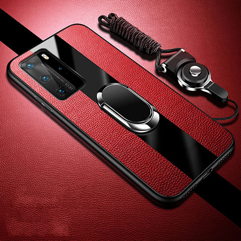 Funda Silicona Goma de Cuero Carcasa con Magnetico Anillo de dedo Soporte T02 para Huawei P40 Pro Rojo