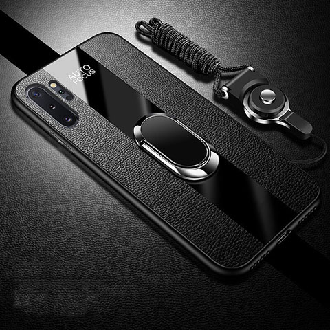 Funda Silicona Goma de Cuero Carcasa con Magnetico Anillo de dedo Soporte T02 para Samsung Galaxy Note 10 Plus 5G Negro