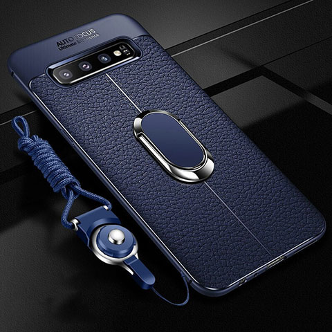 Funda Silicona Goma de Cuero Carcasa con Magnetico Anillo de dedo Soporte T02 para Samsung Galaxy S10 Azul