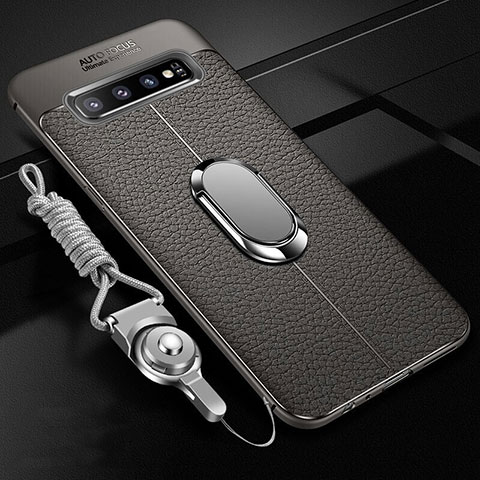 Funda Silicona Goma de Cuero Carcasa con Magnetico Anillo de dedo Soporte T02 para Samsung Galaxy S10 Gris