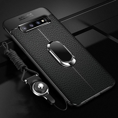 Funda Silicona Goma de Cuero Carcasa con Magnetico Anillo de dedo Soporte T02 para Samsung Galaxy S10 Negro