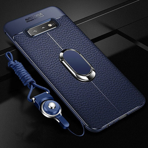 Funda Silicona Goma de Cuero Carcasa con Magnetico Anillo de dedo Soporte T02 para Samsung Galaxy S10 Plus Azul