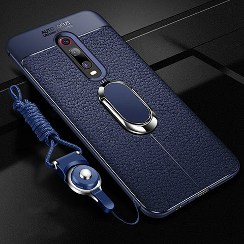 Funda Silicona Goma de Cuero Carcasa con Magnetico Anillo de dedo Soporte T02 para Xiaomi Mi 9T Azul
