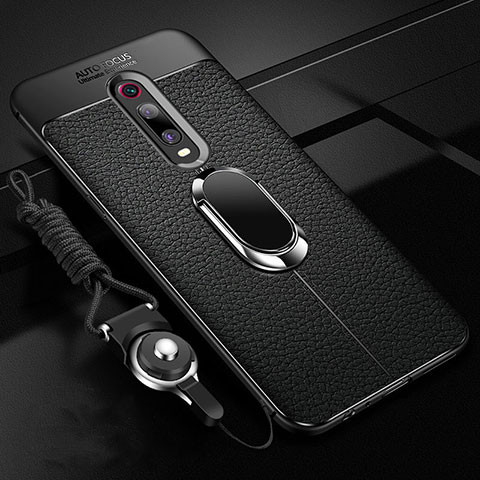 Funda Silicona Goma de Cuero Carcasa con Magnetico Anillo de dedo Soporte T02 para Xiaomi Mi 9T Negro