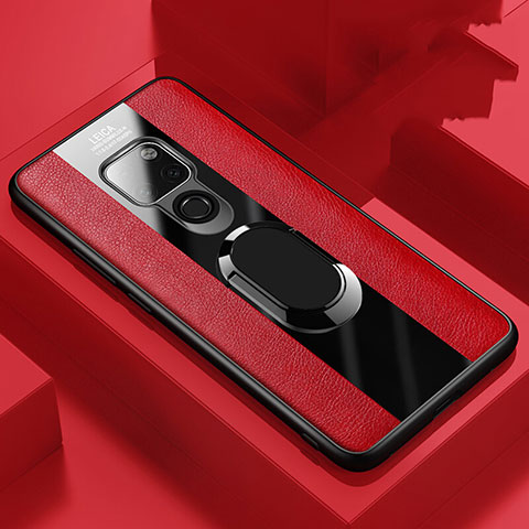 Funda Silicona Goma de Cuero Carcasa con Magnetico Anillo de dedo Soporte T03 para Huawei Mate 20 Rojo