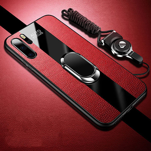 Funda Silicona Goma de Cuero Carcasa con Magnetico Anillo de dedo Soporte T03 para Huawei P30 Pro New Edition Rojo