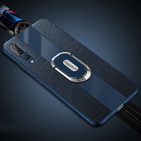Funda Silicona Goma de Cuero Carcasa con Magnetico Anillo de dedo Soporte T05 para Huawei P20 Pro Azul
