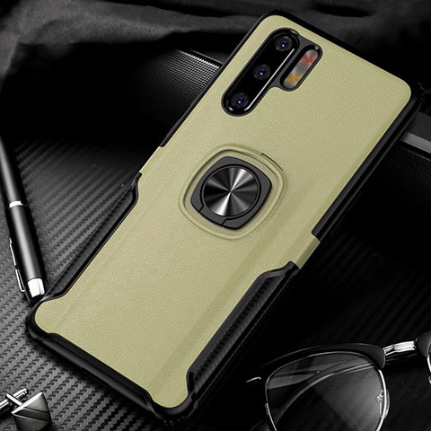 Funda Silicona Goma de Cuero Carcasa con Magnetico Anillo de dedo Soporte T05 para Huawei P30 Pro Oro