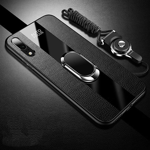 Funda Silicona Goma de Cuero Carcasa con Magnetico Anillo de dedo Soporte T06 para Huawei P20 Negro