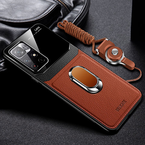 Funda Silicona Goma de Cuero Carcasa con Magnetico FL2 para Xiaomi Redmi Note 11 5G Marron