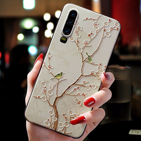 Funda Silicona Goma Flores para Huawei P30 Pro Oro