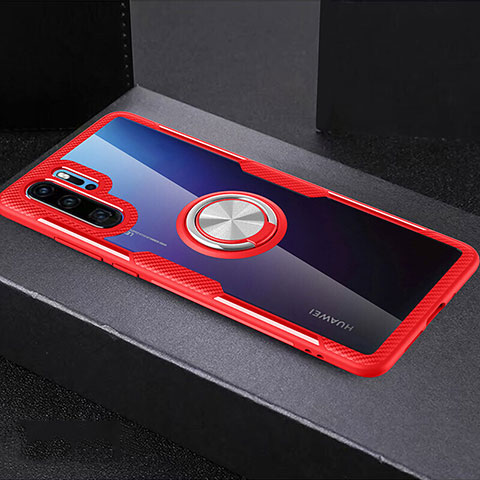 Funda Silicona Ultrafina Carcasa Transparente con Anillo de dedo Soporte C03 para Huawei P30 Pro Rojo