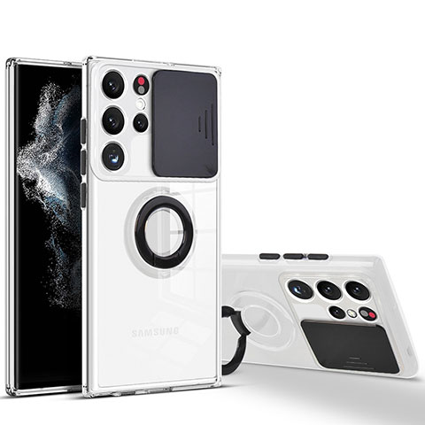 Funda Silicona Ultrafina Carcasa Transparente con Anillo de dedo Soporte S03 para Samsung Galaxy S22 Ultra 5G Negro