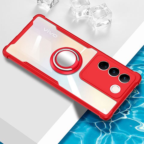 Funda Silicona Ultrafina Carcasa Transparente con Magnetico Anillo de dedo Soporte BH1 para Vivo V27 Pro 5G Rojo