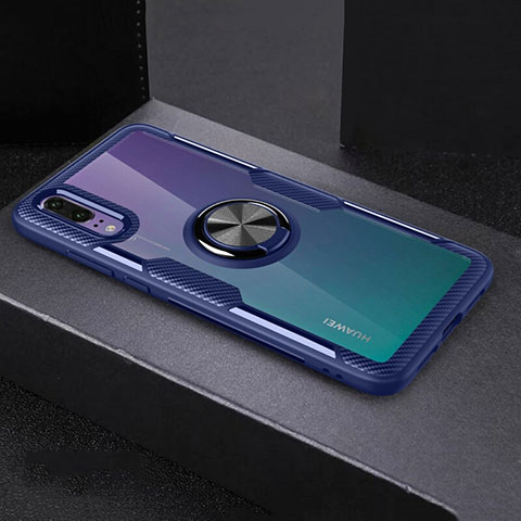 Funda Silicona Ultrafina Carcasa Transparente con Magnetico Anillo de dedo Soporte C01 para Huawei P20 Azul Cielo