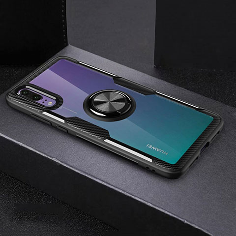 Funda Silicona Ultrafina Carcasa Transparente con Magnetico Anillo de dedo Soporte C01 para Huawei P20 Negro