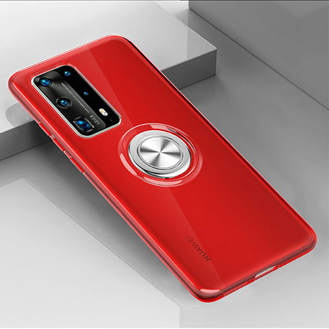 Funda Silicona Ultrafina Carcasa Transparente con Magnetico Anillo de dedo Soporte C01 para Huawei P40 Pro+ Plus Rojo
