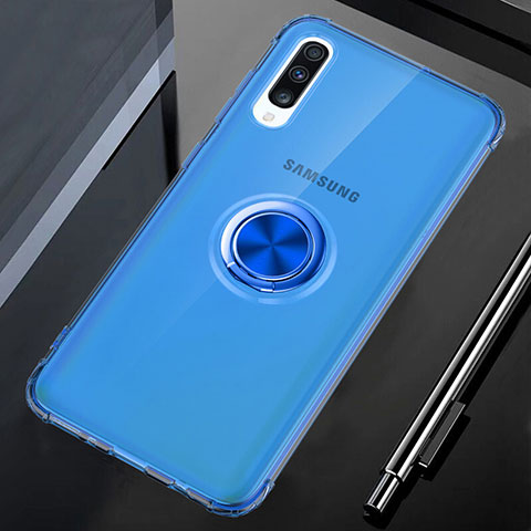 Funda Silicona Ultrafina Carcasa Transparente con Magnetico Anillo de dedo Soporte C01 para Samsung Galaxy A70S Azul