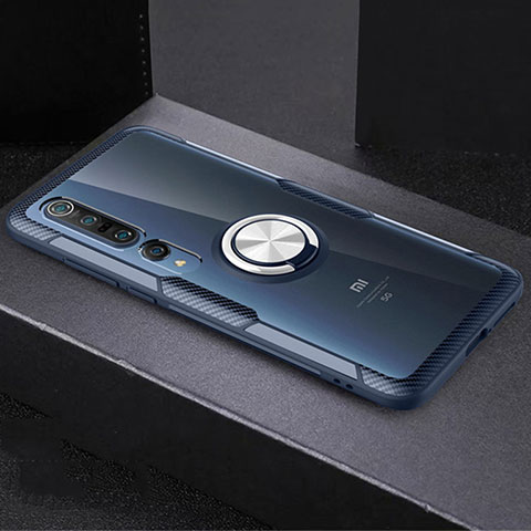 Funda Silicona Ultrafina Carcasa Transparente con Magnetico Anillo de dedo Soporte C01 para Xiaomi Mi 10 Pro Azul Cielo